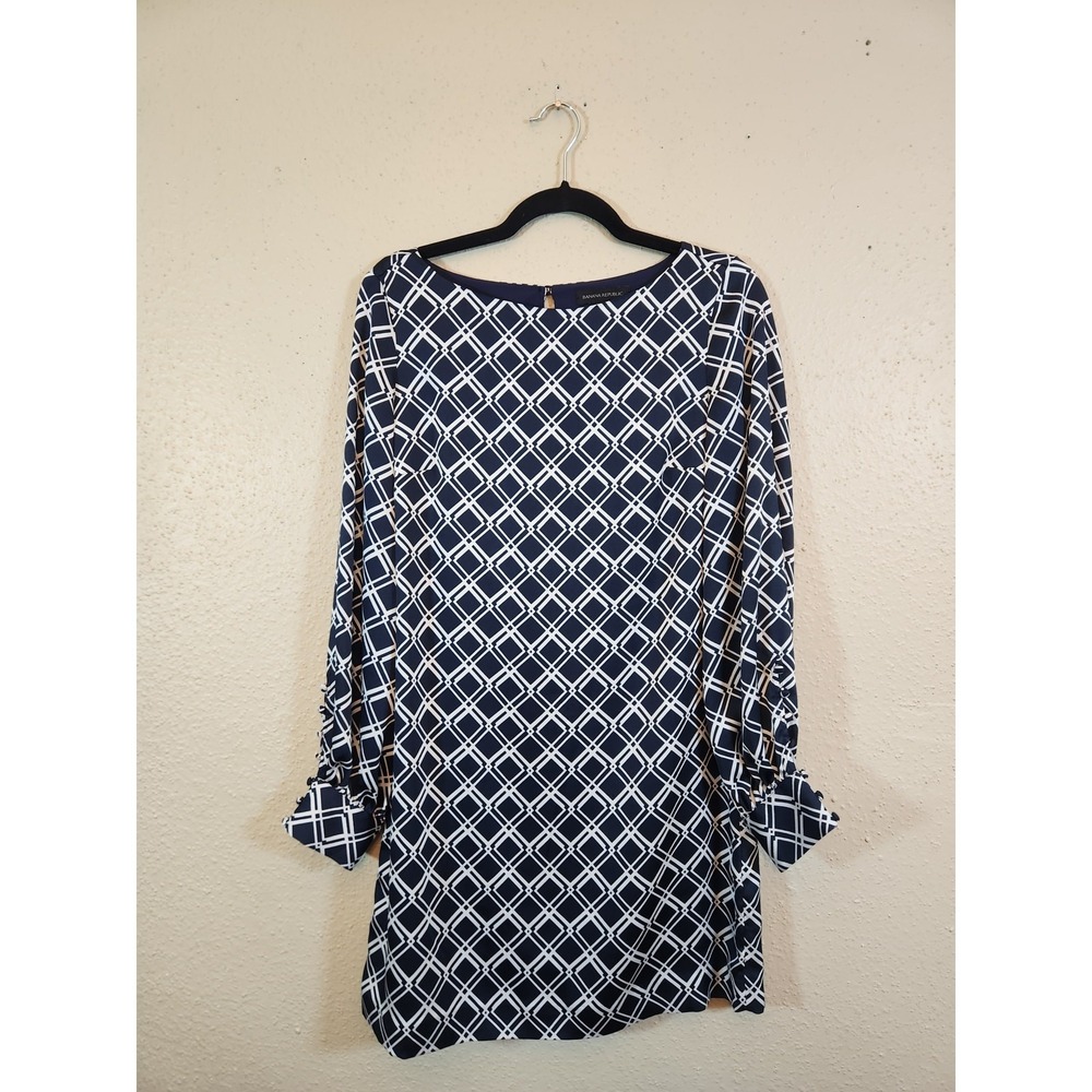 Banana Republic Womens 4 Navy Blue Shift Dress Geometric Diamond Long Sleeve